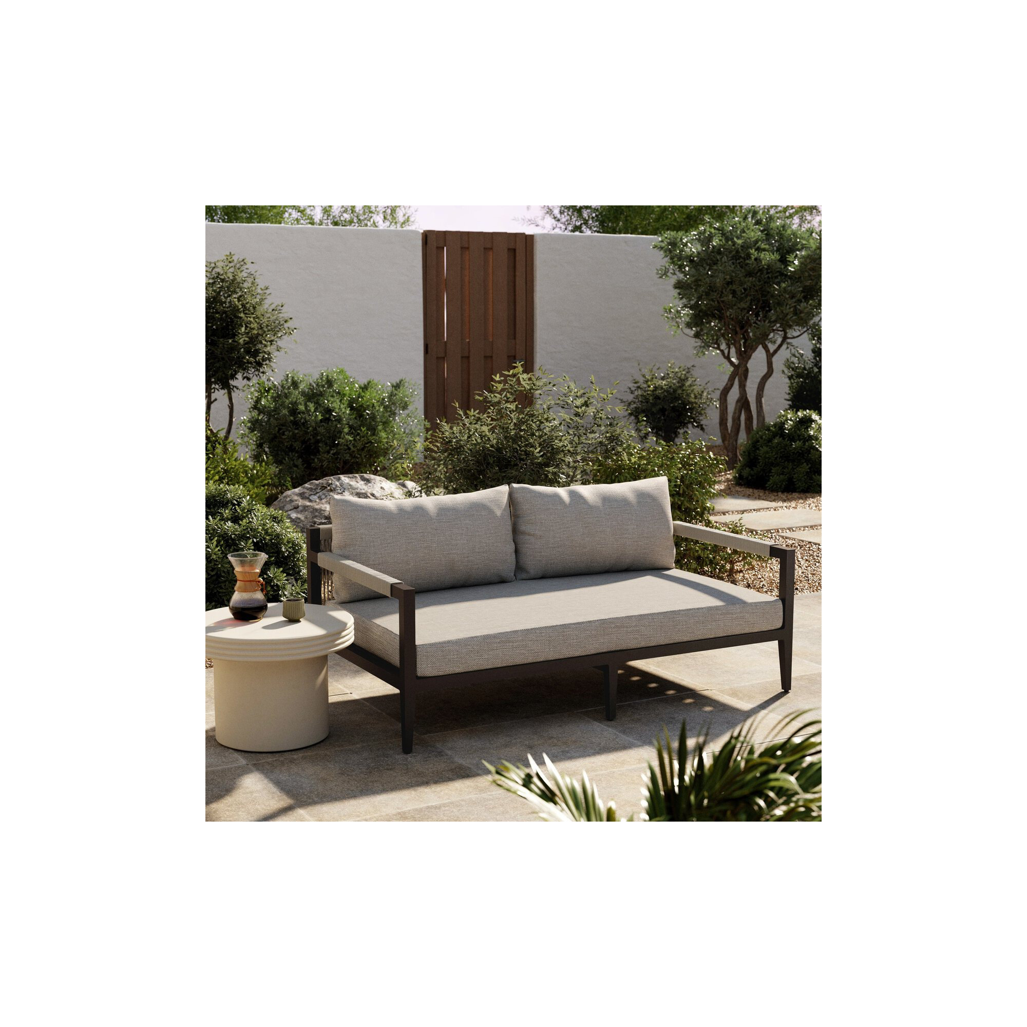 Kristine 63'' Wide Loveseat with Cushions, Stone Gray Cushion/Bronze/White Frame, Weathered Gray