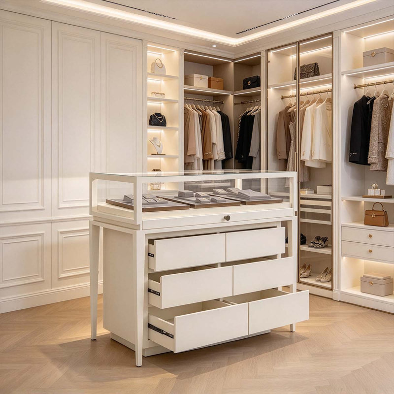 Armoire de rangement pour bijoux en bois manufacturé noir avec compartiments de rangement de style tiroir, Crème