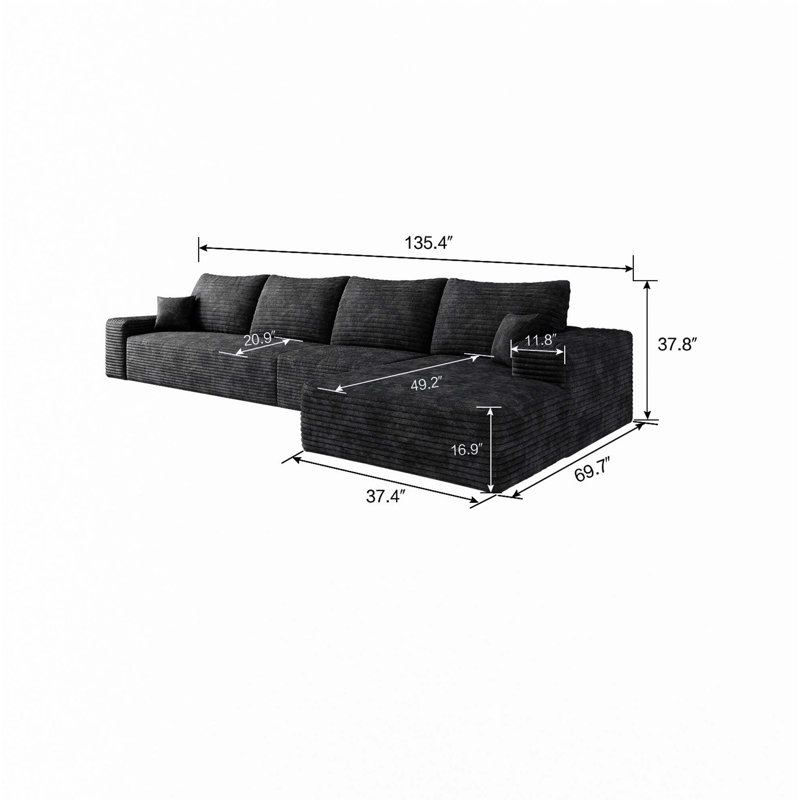 135" Cloud Sectional Couch with L-Shape Chaise, Black Corduroy