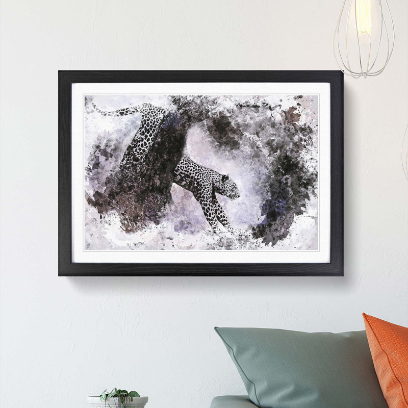Leopard Climbing from a Tree in Abstract - Picture Frame Painting Print, Black Framed, 62cm H x 87cm W x 2cm D