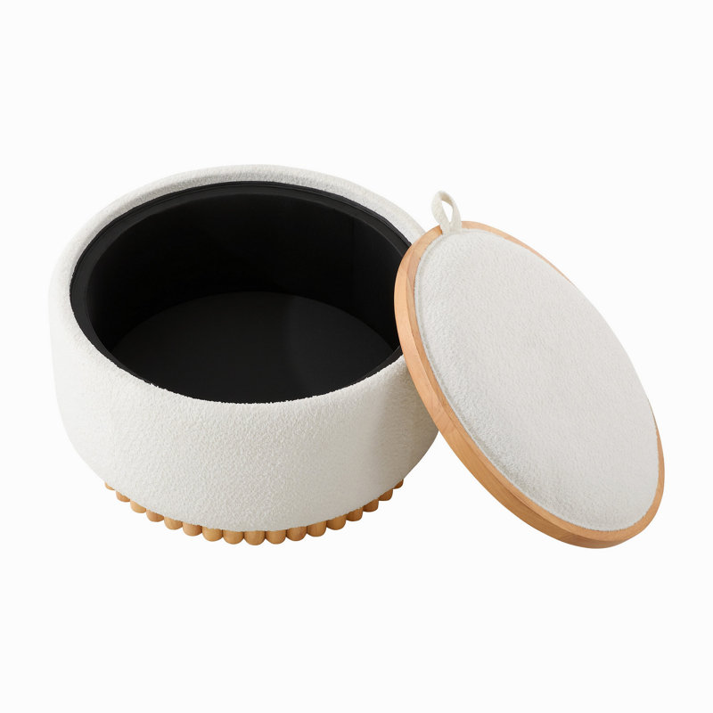 Repose-pieds de rangement rond de 29 po avec pieds en bois massif, table basse moderne avec couvercle réversible, structure en bois, repose-pieds en tissu Boucle pour le salon, aucun assemblage requis