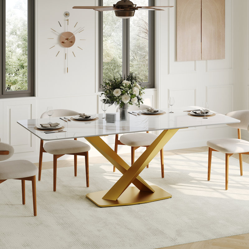 Table de salle à manger rectangulaire moderne avec plateau en pierre frittée brillante, table de cuisine blanche avec pieds en acier inoxydable pour la salle à manger