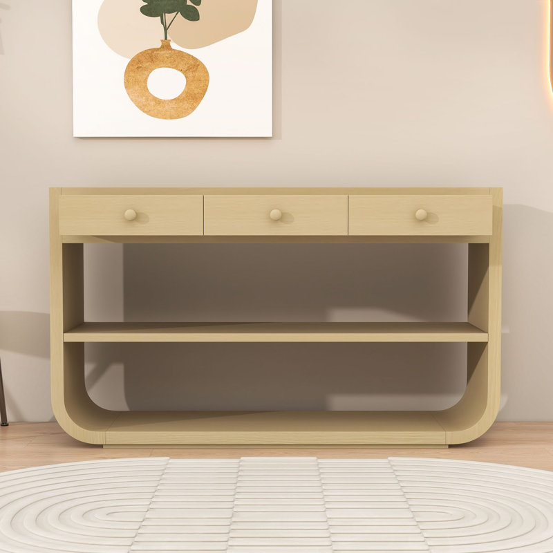 Console courbée avec 3 tiroirs à fermeture en douceur et 2 tablettes ouvertes, Naturel
