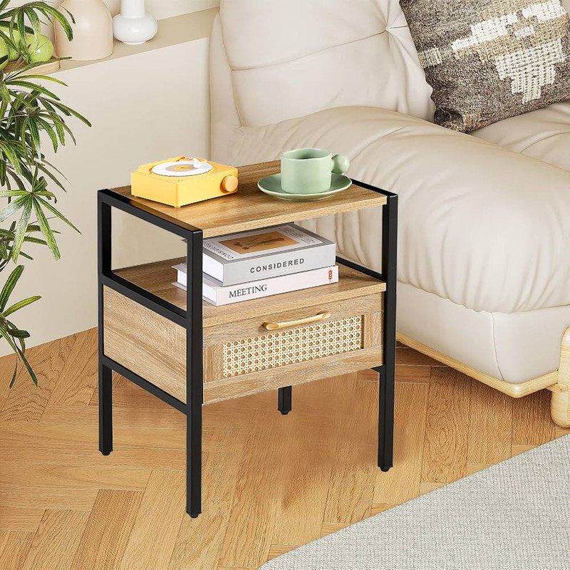 Modern End Table with Rattan Drawer,Natural  Nightstand with Storage and  Open Shelf