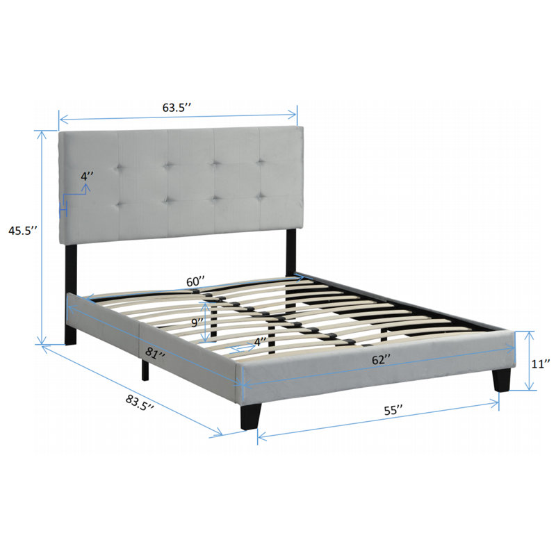 Upholstered Platform Bed Frame with Button Tufted Linen Fabric Headboard, No Box Spring Needed, Wood, Queen
