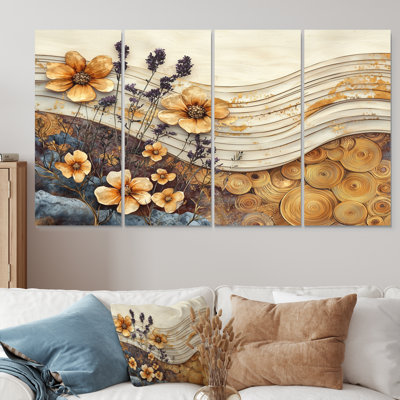 Fleurs d'automne brunes sur glissades en bois I - Art mural fleurs sauvages - ensemble d'art mural traditionnel 4 pièces