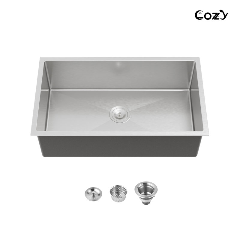 33" L Undermount Single Bowl Stainless Steel Kitchen Sink with Basket Strainer, Brushed Nickel