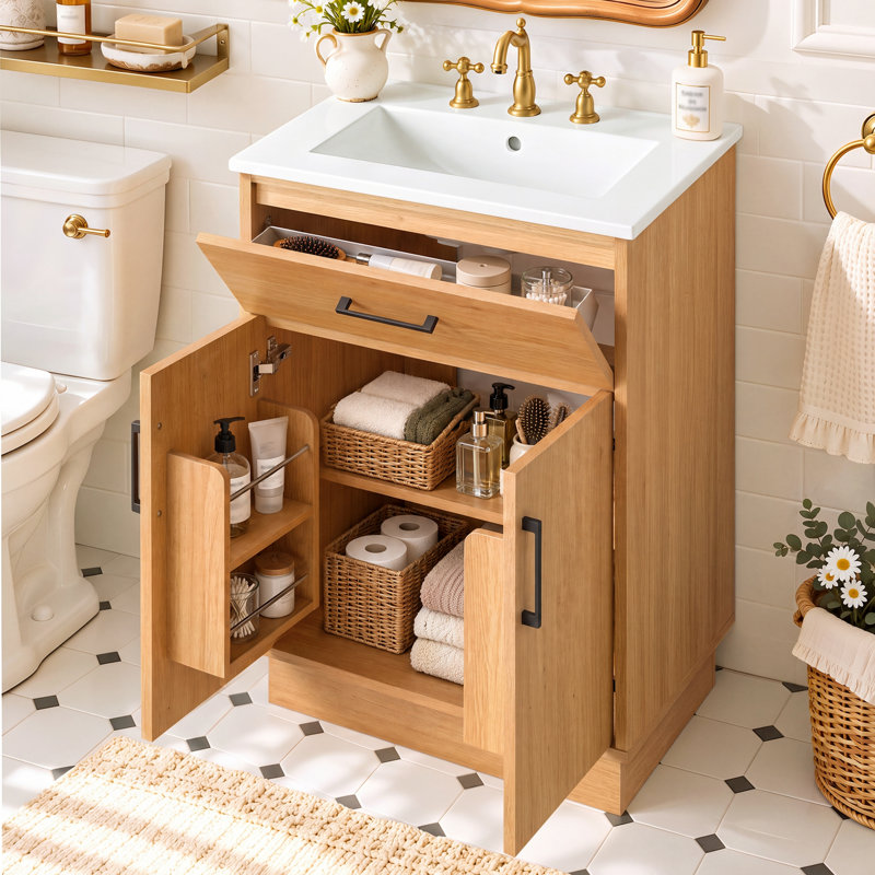 Meuble-lavabo avec lavabo en céramique, meuble de salle de bain moderne et traditionnel avec rangement pratique.