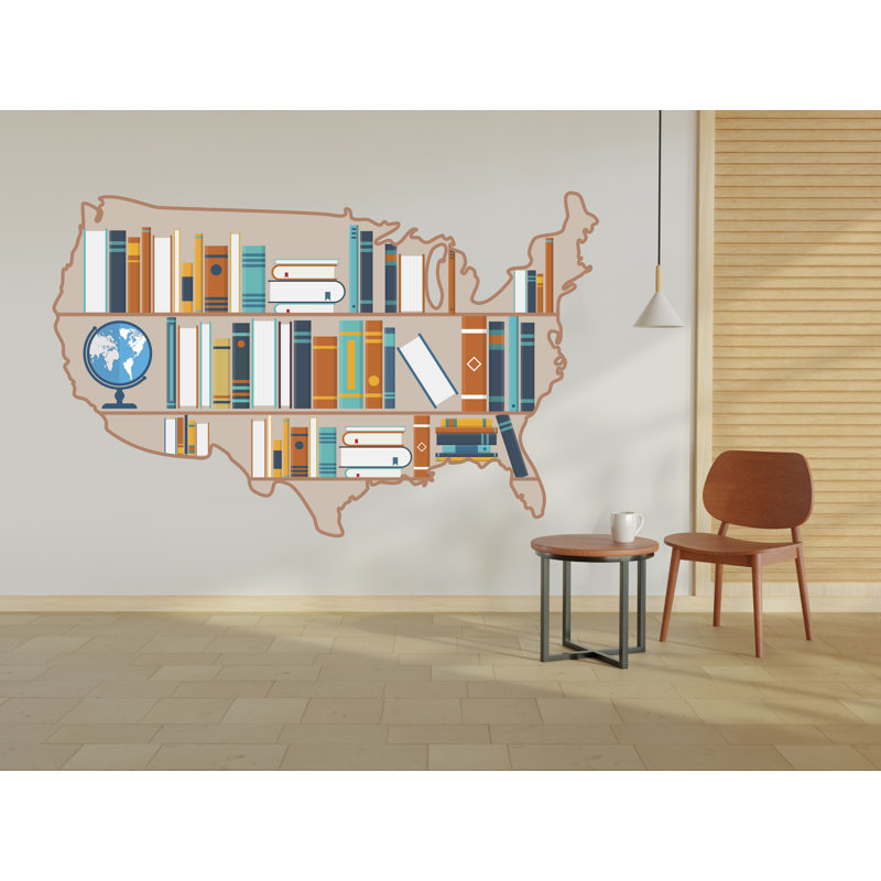Autocollants muraux, États-Unis, bibliothèque, carte murale, bibliothèque, H 52 po x l 80 po