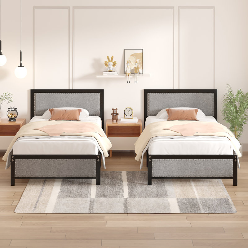 Belah Twin Size Bed Frames with Linen Upholstered Headboards and Nailhead Trim, Heavy-Duty Metal, Gray/Black