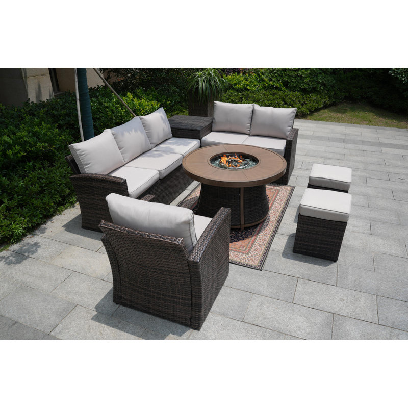 Alfonso 8 - Person Patio Conversation Set with Cushions, White, Brown