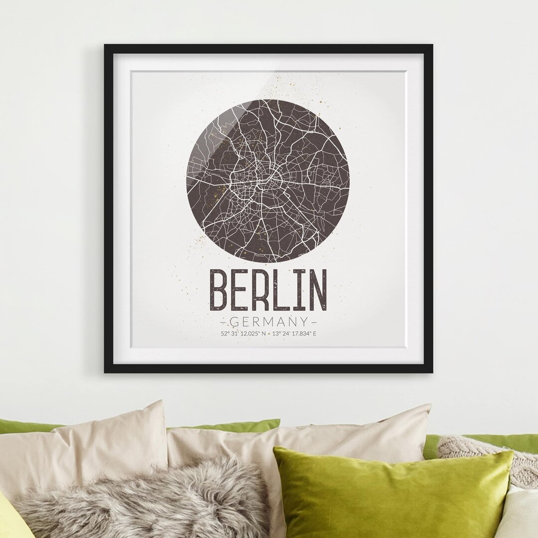 Gerahmtes Papierbild Stadtplan Berlin - Retro