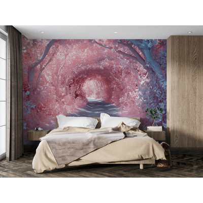 Papier peint romantique en forme de tunnel d'arbre rose - Murale de chemin de forêt enchantée avec un feuillage rosé pour chambre d'enfant, chambre à coucher ou décoration murale inspirée de la nature