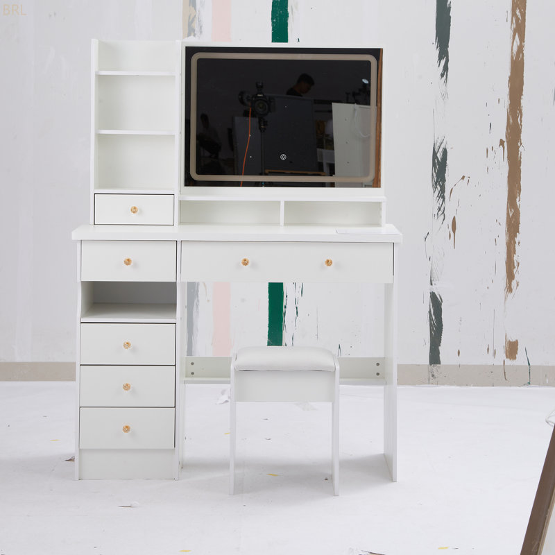 Table de meuble-lavabo de 41 po avec tiroir à gauche 41 po + tabouret rembourré, très grand miroir à DEL à commande tactile, interrupteur 3 couleurs, commode de rangement haute capacité multi-couches, convient aux grands espaces