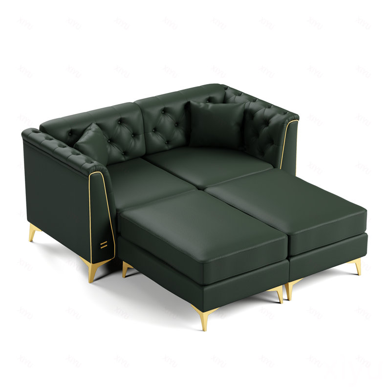 Canapé Chesterfield modulaire 2 places, canapé en similicuir avec capitonnage à boutons fait à la main, accoudoirs garnis de métal et pieds minces en métal, comprend 2 coussins