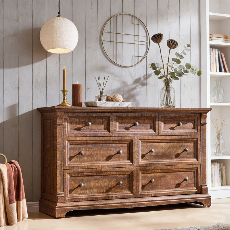 Roman Column 7-Drawer Dresser - 54" Wide Farmhouse Statement, Brown