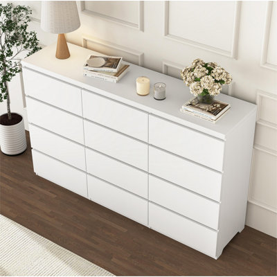 12 Drawers Double Dresser, Modern Wood Dresser Chest Of Drawers With Large Storage Space For Bedroom, White