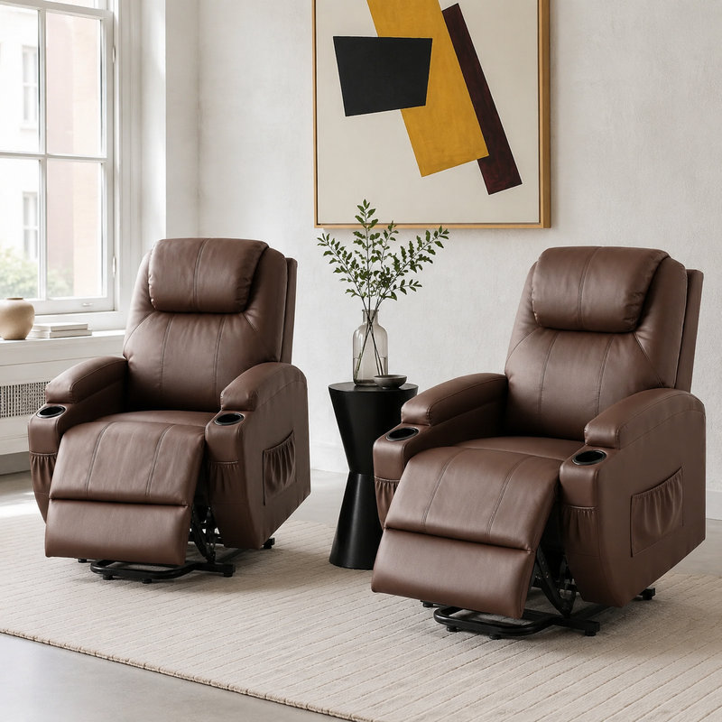 Ensemble de 2 fauteuils inclinables à massage électrique en polyester et métal, Cuir brun