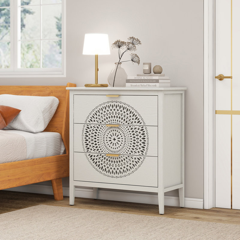 Commode 3 tiroirs avec commode à 3 tiroirs creux et poignées en métal, Beige