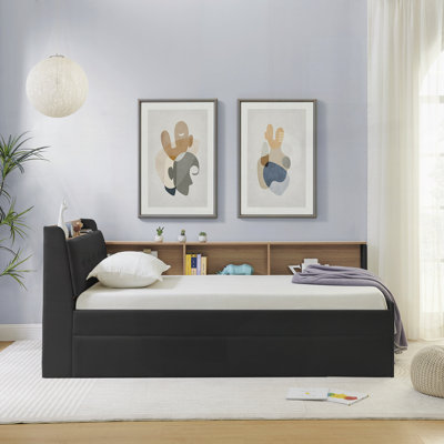 Upholstery Velvet Height Adjustable Day Bed with Storage Headboard and Wireless Charging, Multi-functional Daybed with Trundle Bed and LED Lights