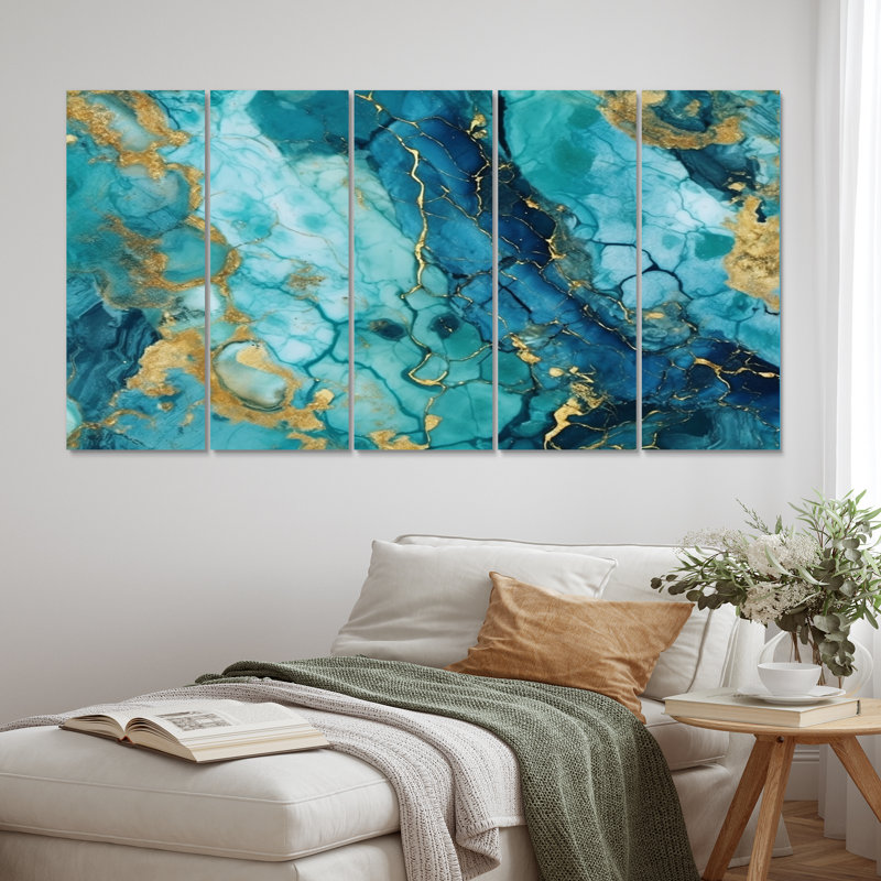 Turquoise luxueux, abstrait, art fluide, impression d'art abstrait - 5 panneaux égaux