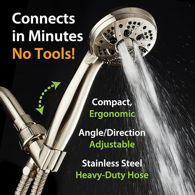 High Pressure 6-Setting 3.5" Chrome Face Handheld Shower with Hose for the Ultimate Shower Experience!