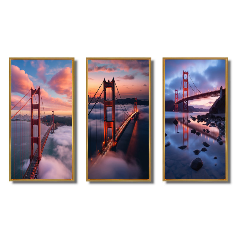 «San Francisco Golden Gate Dream», 3 pièces sur toile, Cadre flottant doré, H 20 po x l 36 po