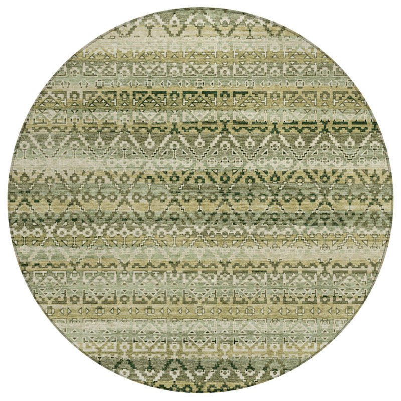 Machine Washable Indoor/Outdoor Xhevrie Green Rug, Round 8'