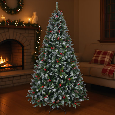 Pre-Lit 7.5ft/9ft Christmas Tree with Frosted Tips, Pine Cones & Berries. Pre-Decorated Artificial Pine for Home, Office, Holiday Parties. Metal Base.
