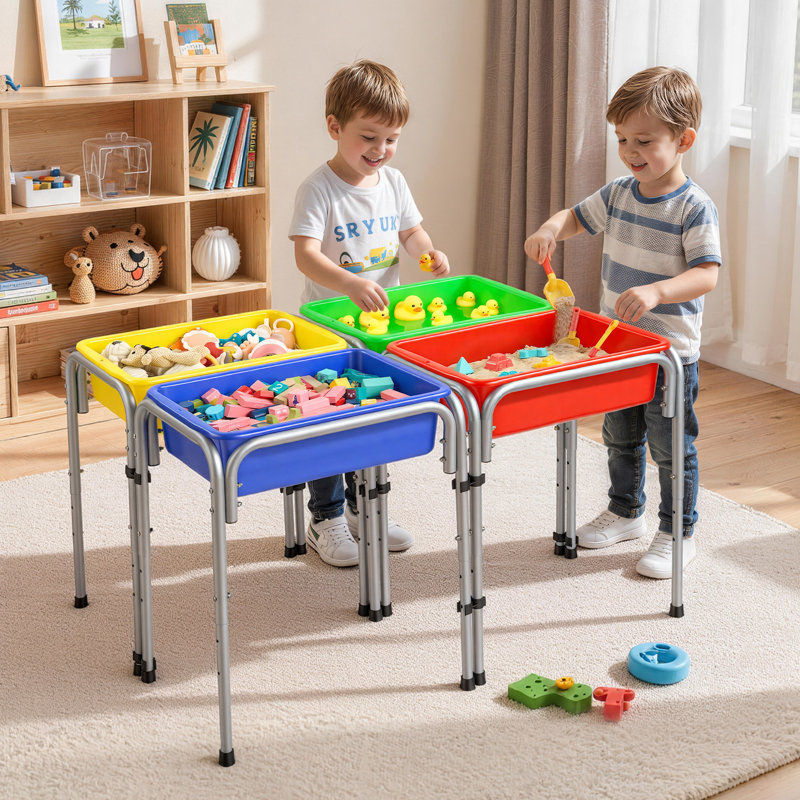 Table de jeu sensorielle pour tout-petits, enfants, station de jeu réglable à 4 stations sable et eau avec bacs de rangement amovibles et pieds antidérapants, structure en acier au carbone, coins arrondis, pour les garçons et les filles qui explorent