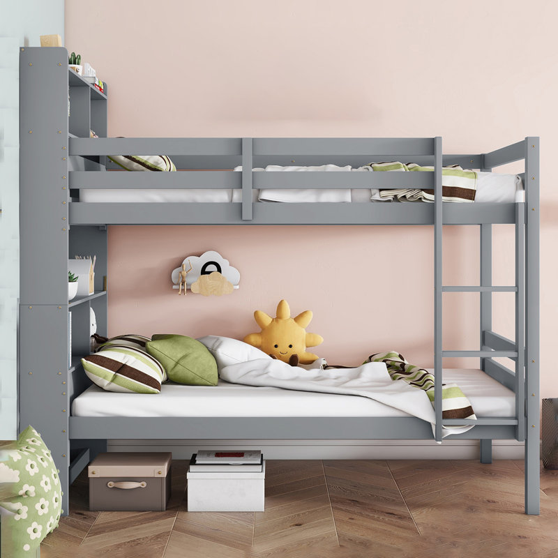Twin Over Twin Standard Bunk Bed With Bookcase Headboard, Gray