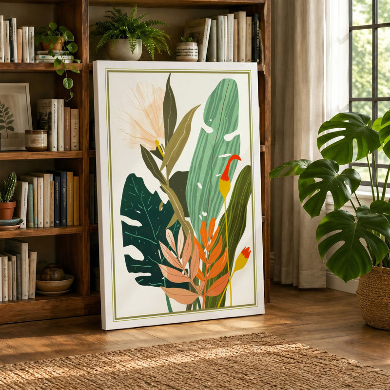 Tropical Bloom Study Botanical - Wrapped Canvas, 24x16 - 61.0 x 40.6 cm, Teal Border