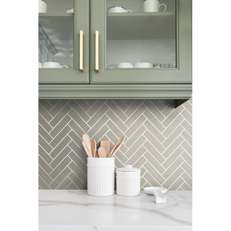 Chevron Vinyl Peel & Stick Metallic Wallpaper Roll, Warm Stone/Metallic Pearl