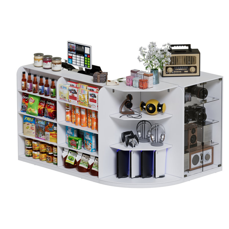 L-shaped Reception Desk With 3 Drawers & Glass Display Cabinet, Retail Counter Front Desk Reception Counter With Cabinet