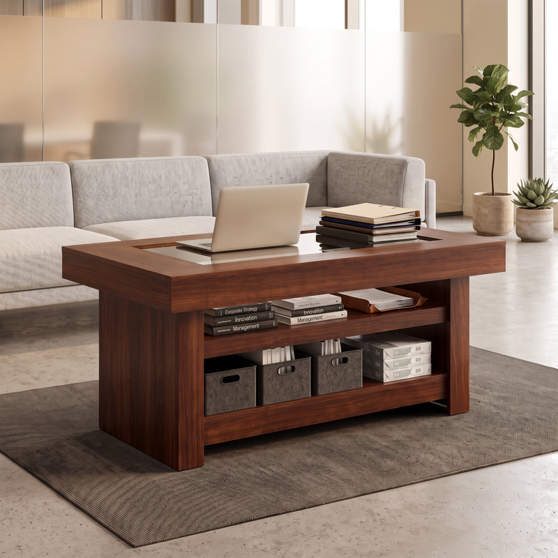 Table basse à deux niveaux de 120 cm avec plateau en verre trempé – Structure en bois robuste, étagères de rangement ouvertes – Résistante aux égratignures, facile à nettoyer – Idéale pour le salon ou un appartement