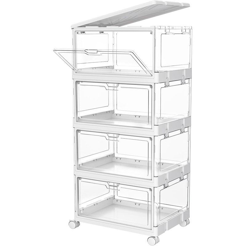 Transparent storage box with a lid, plastic multi-functional foldable storage box, foldable box with a magnetic suction door