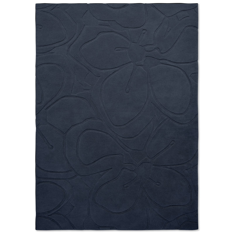 Tapis floral bleu foncé en laine touffeté à la main, 6 pi 7 po x 9 pi 2 po