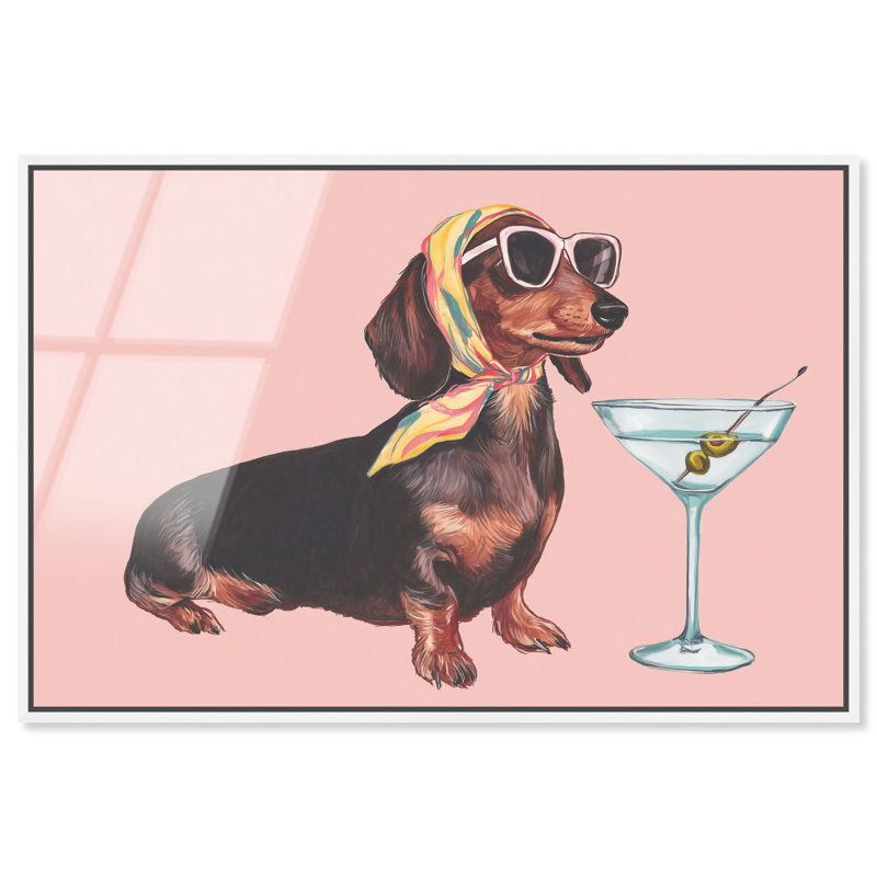 "Martini Doxie", reproduction d'art acrylique encadrée par Art Remedy, cadre blanc, 54 x 36, H 37 po x l 55 po
