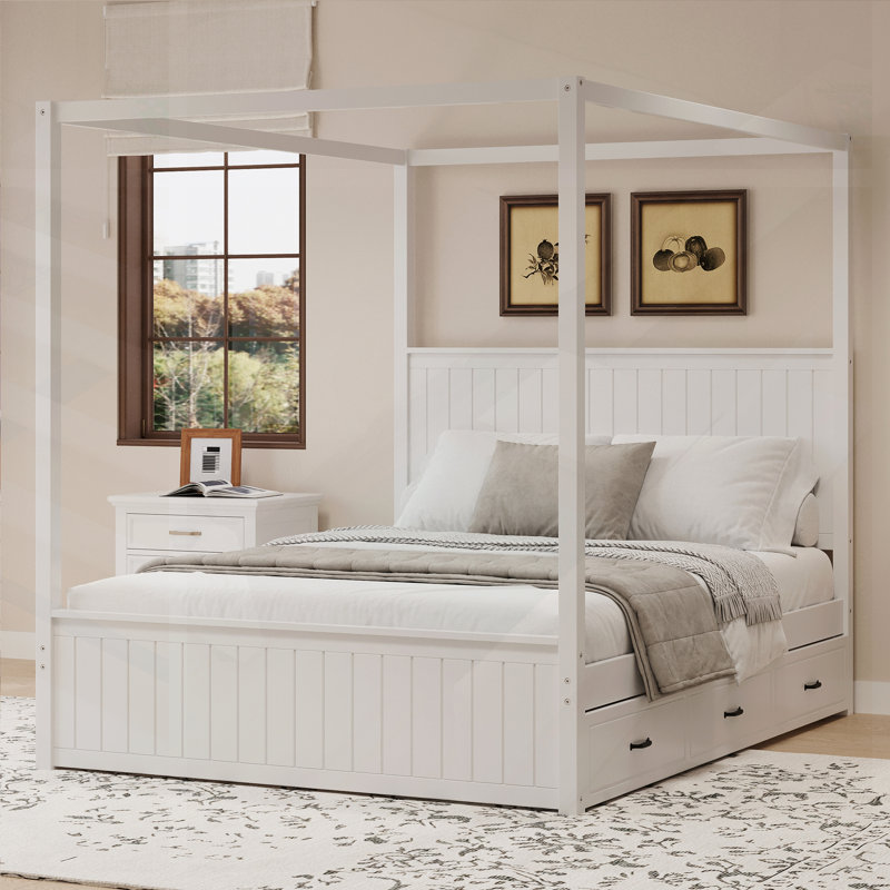Grand lit plateforme à baldaquin Modern, Blanc