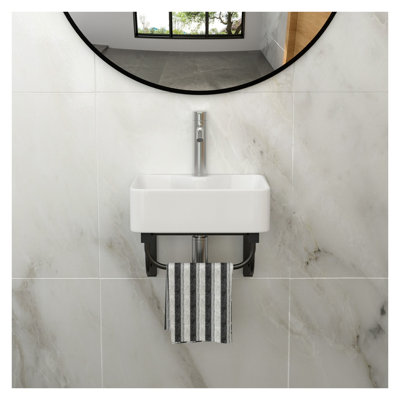 Lavabo mural rectangulaire en céramique de 40,6 x 30,5 cm avec porte-serviettes noir intégré