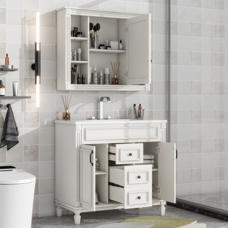Ensemble de meuble-lavabo simple 35,1 po avec plateau en résine et miroir Deantwon, Blanc