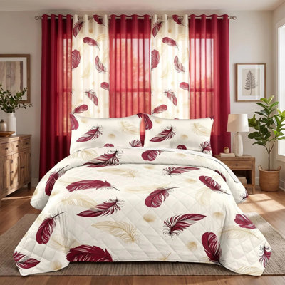 Ensemble de literie et de rideaux matelassés 9 pièces bourgogne et doré, couvre-lit élégant Boho avec 6 panneaux de fenêtre filtrant la lumière et 2 taies décoratives, couvre-lit en microfibre facile d'entretien, animaux de compagnie