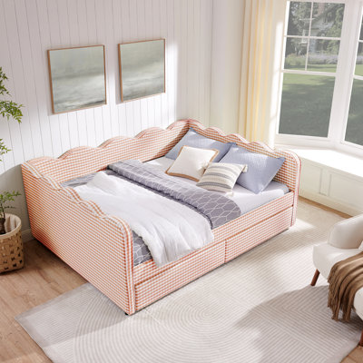 Queen Size Daybed With Linen Fabric, Wave Design, Two Storage Drawers, Port, For Bedroom Comfort Bed Hospitality In