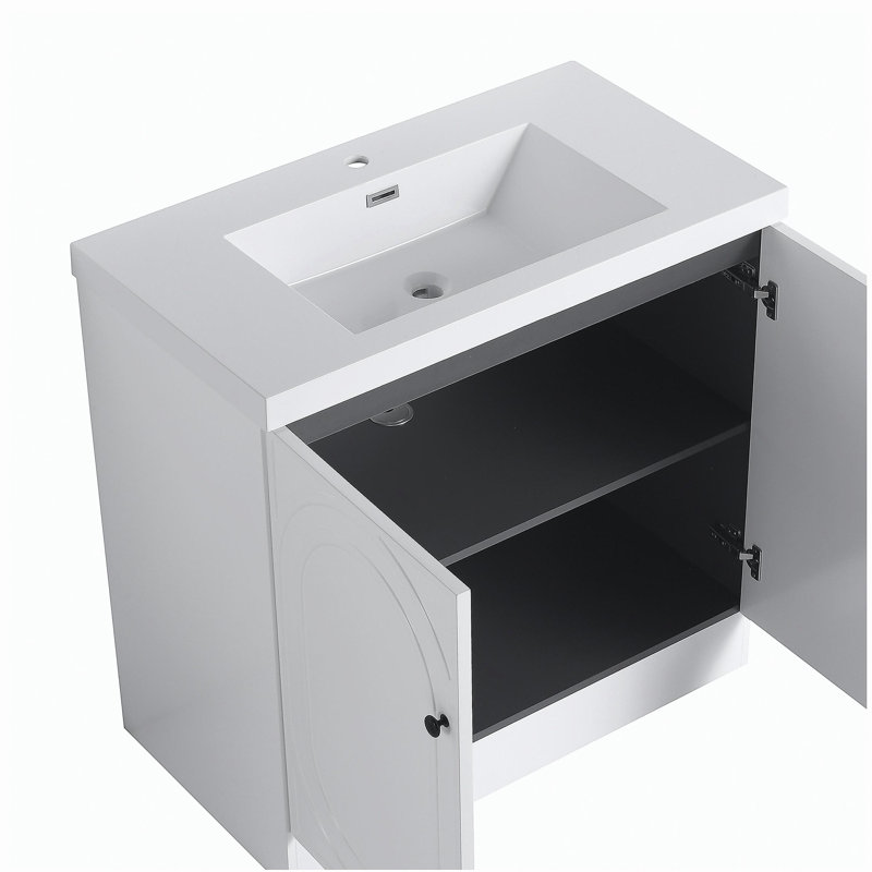 Lavabo de salle de bain sur pied 36 po en résine blanche et 2 portes d'armoire à fermeture en douceur, Blanc, 36"