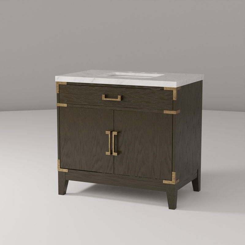 Single Bath Vanity with Marble Top, Brown Oak
