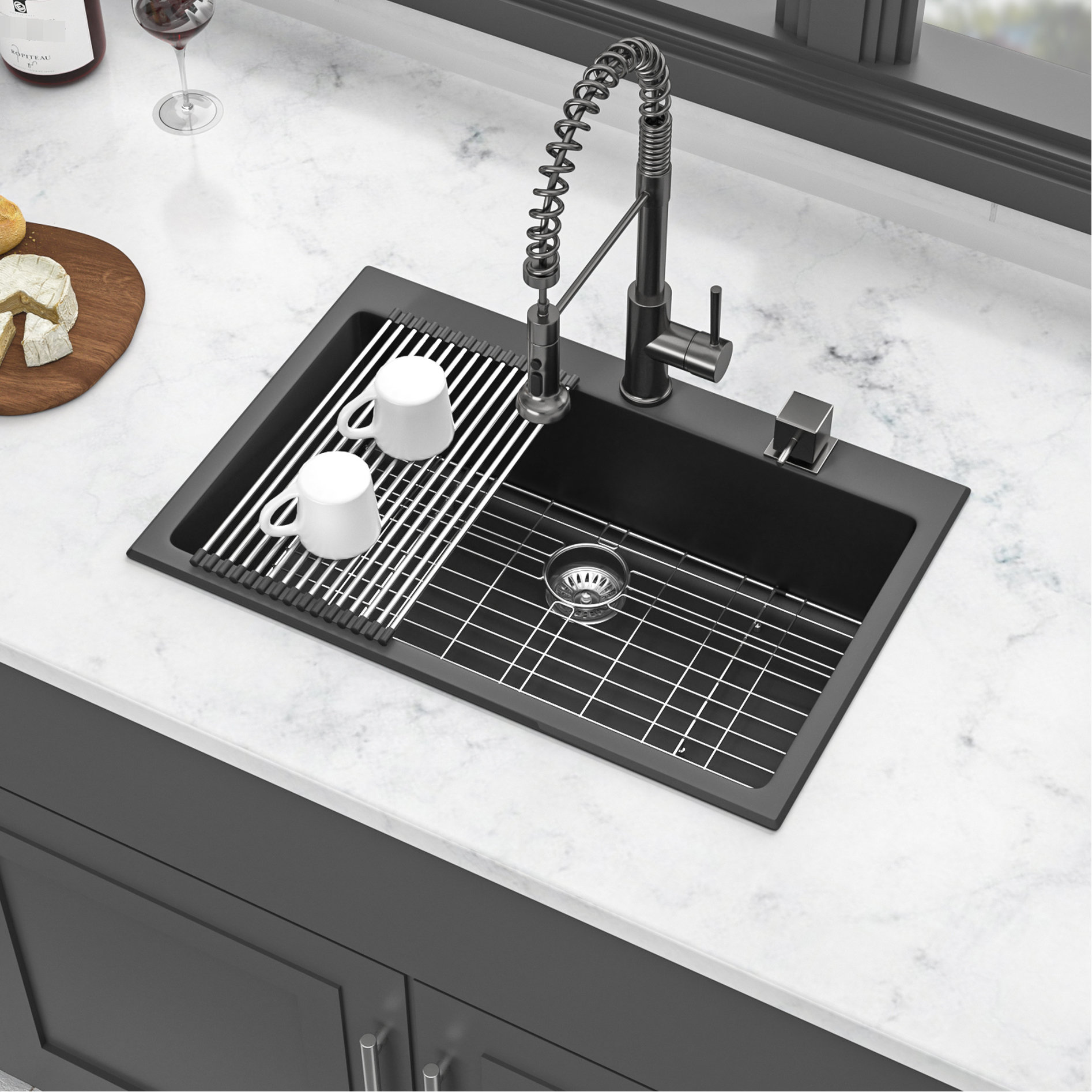Kivaritio 33X22" Kitchen Sink - Quartz, Black Granite Finish, To Dirt ...