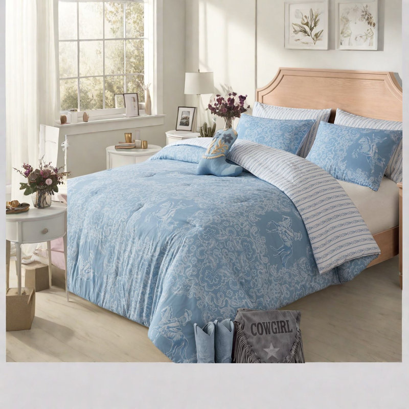 Ensembles de literie Western Cowgirl, ensemble d'édredon double en microfibre bleue