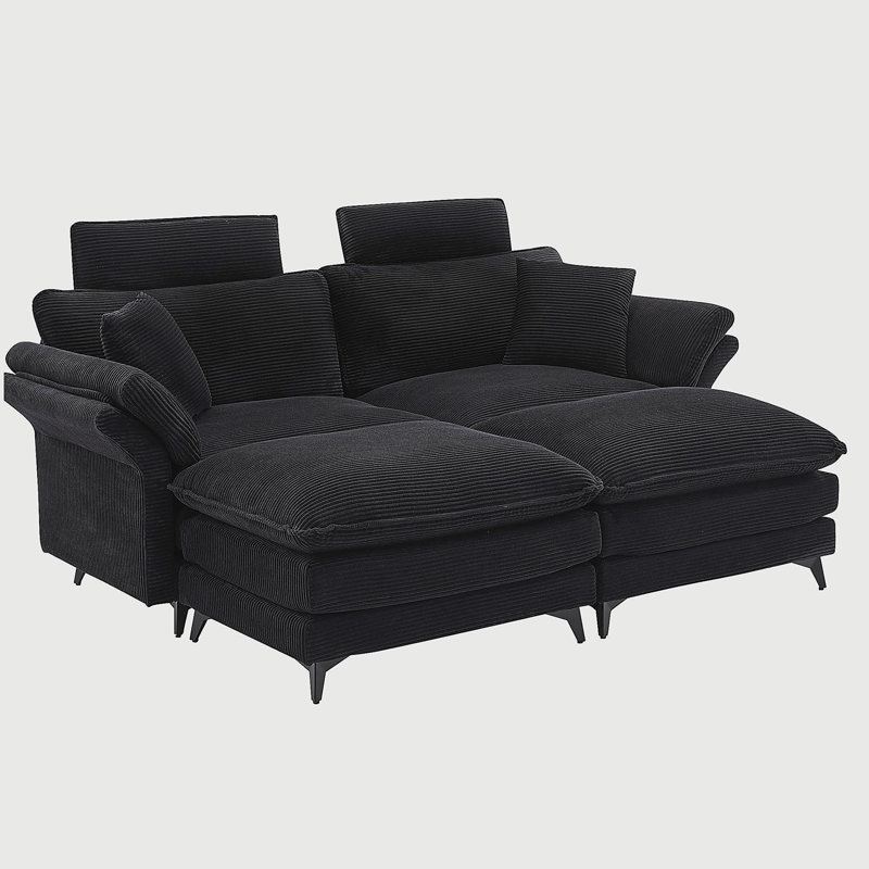 Canapé modulaire à assise profonde, canapé confortable avec repose-pieds Cloud, causeuse, canapé modulaire rembourré en velours côtelé de 85,8 po pour salon, appartement, studio, bureau (noir).