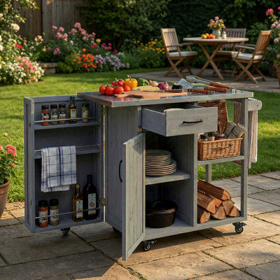 Solid Wood Outdoor Kitchen Island With Stainless Top, Lockable Kitchen Cart With Ample Storage Space, Towel And Spice Racks For Patio And Outdoor