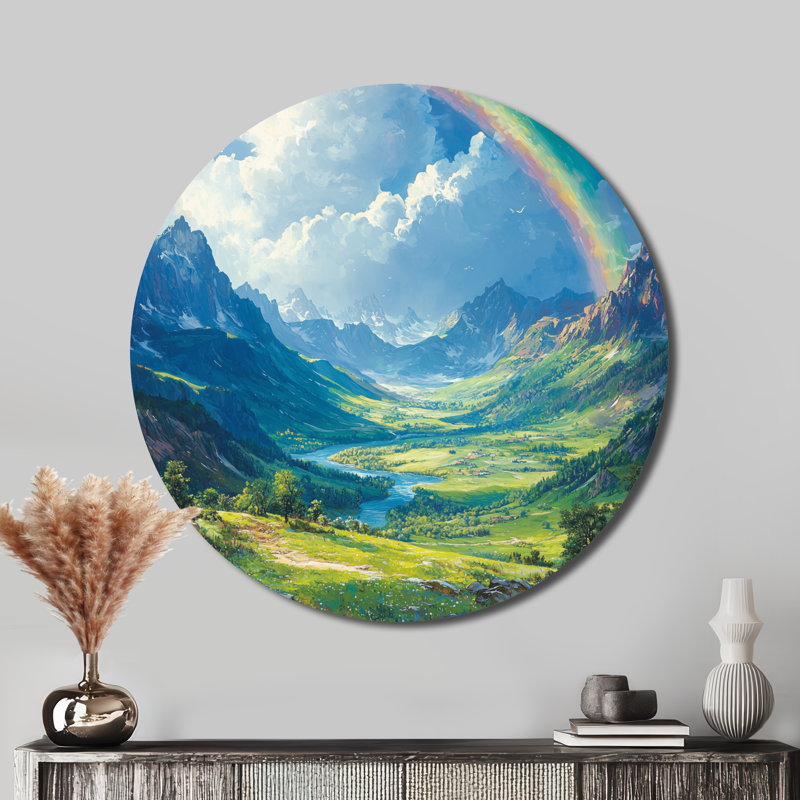 Arc-en-ciel dans la vallée de la montagne I - arc-en-ciel, décoration murale en métal bleu traditionnel, H 29 po x l 29 po